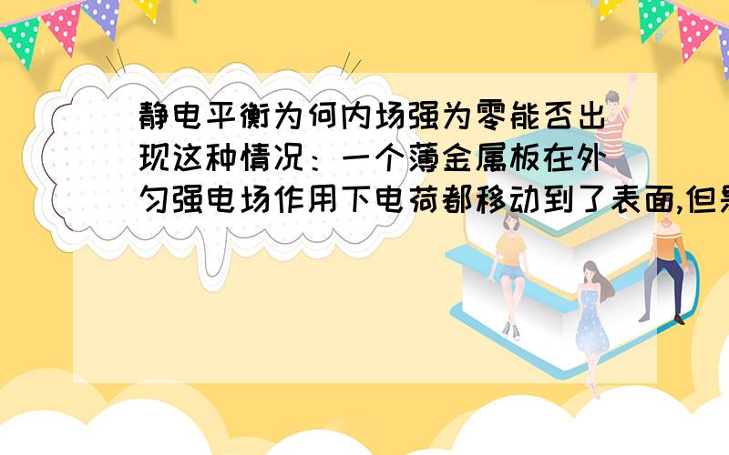 静电平衡为何内场强为零能否出现这种情况：一个薄金属板在外匀强电场作用下电荷都移动到了表面,但是行成的电场依然不能与外电场相抵消,导致金属板内部的场强不为零.那么静电平衡和