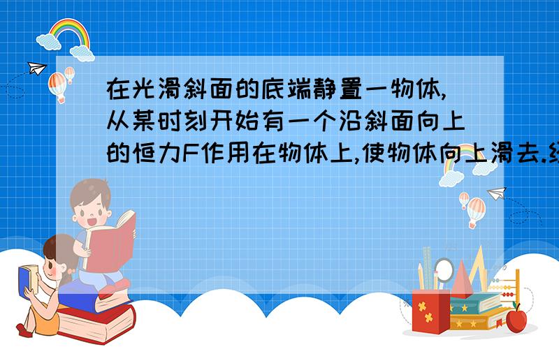 在光滑斜面的底端静置一物体,从某时刻开始有一个沿斜面向上的恒力F作用在物体上,使物体向上滑去.经一段时间突然撤去这个力,又经过相同的时间物体又返回斜面底部,且具有120J的动能.问: