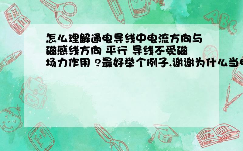 怎么理解通电导线中电流方向与磁感线方向 平行 导线不受磁场力作用 ?最好举个例子.谢谢为什么当电流方向与磁场方向垂直时,受力最大?