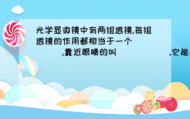 光学显微镜中有两组透镜,每组透镜的作用都相当于一个______,靠近眼睛的叫______,它能成______像.光学显微镜中有两组透镜,每组透镜的作用都相当于一个______,靠近眼睛的叫______,它能成______像；