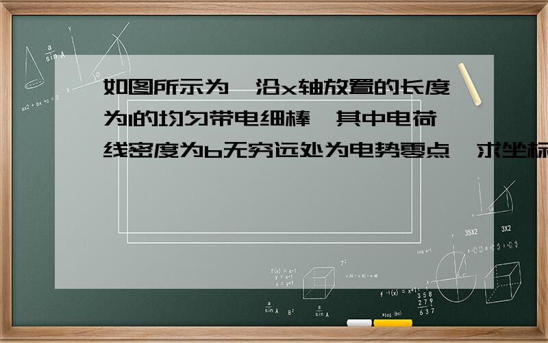 如图所示为一沿x轴放置的长度为l的均匀带电细棒,其中电荷线密度为b无穷远处为电势零点,求坐标原点o处的电势