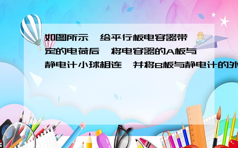 如图所示,给平行板电容器带一定的电荷后,将电容器的A板与静电计小球相连,并将B板与静电计的外壳接地．下列说法正确的是（　　）A、将A极板向右移动少许,静电计指针的偏转角将增大B、