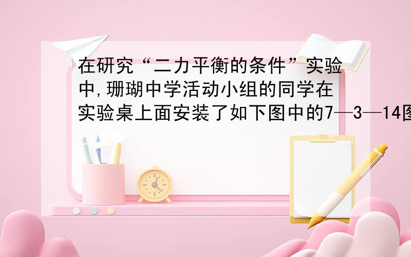 在研究“二力平衡的条件”实验中,珊瑚中学活动小组的同学在实验桌上面安装了如下图中的7—3—14图所示他们猜想：一个物体在二力作用下保持静止的条件是“这两个力的方向相反,并且作