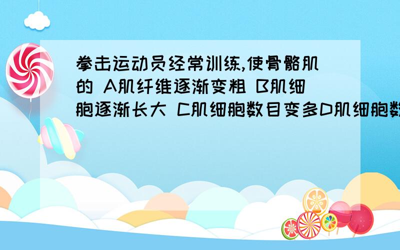 拳击运动员经常训练,使骨骼肌的 A肌纤维逐渐变粗 B肌细胞逐渐长大 C肌细胞数目变多D肌细胞数目增多,体积变大