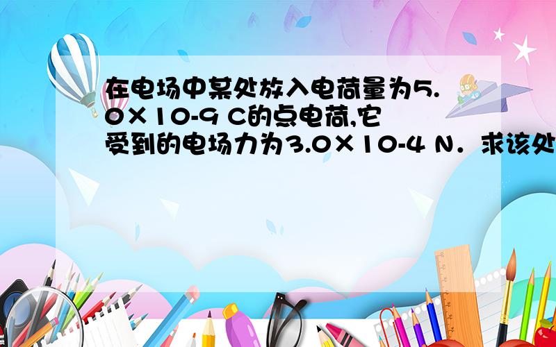 在电场中某处放入电荷量为5.0×10-9 C的点电荷,它受到的电场力为3.0×10-4 N．求该处电场强度的大小．