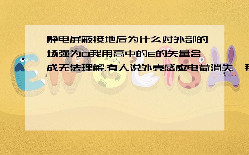 静电屏蔽接地后为什么对外部的场强为0我用高中的E的矢量合成无法理解.有人说外壳感应电荷消失,那内层的电荷就不影响外部的场强了吗?还有一个问题,为什么静电平衡之后净电荷只在物体