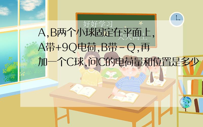 A,B两个小球固定在平面上,A带+9Q电荷,B带-Q,再加一个C球,问C的电荷量和位置是多少