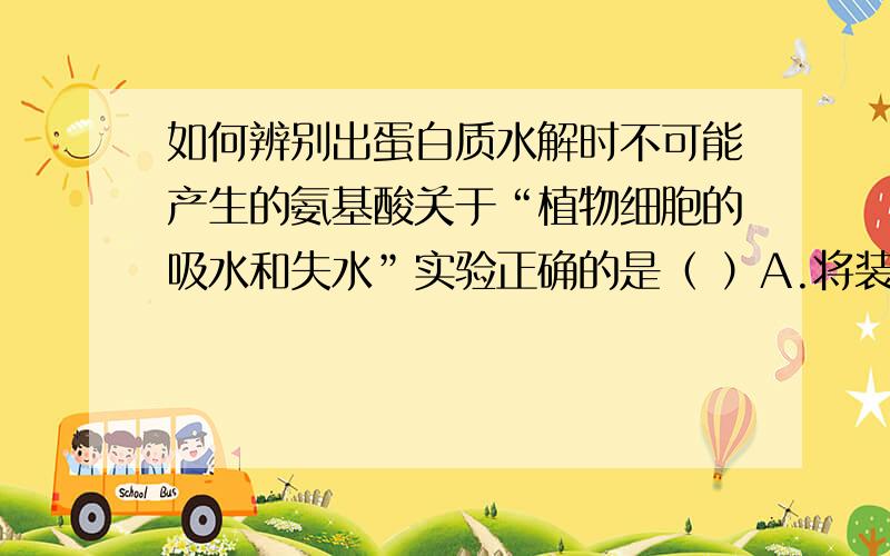 如何辨别出蛋白质水解时不可能产生的氨基酸关于“植物细胞的吸水和失水”实验正确的是（ ）A.将装片在酒精灯上加热后,在观察细胞质壁分离现象B.细胞处于一定浓度的蔗糖溶液中即可发