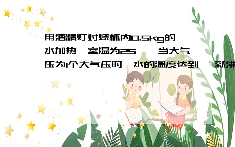 用酒精灯对烧杯内0.5kg的水加热,室温为25℃,当大气压为1个大气压时,水的温度达到 ℃就沸腾了?在研究水的沸点和大气压关系的实验中