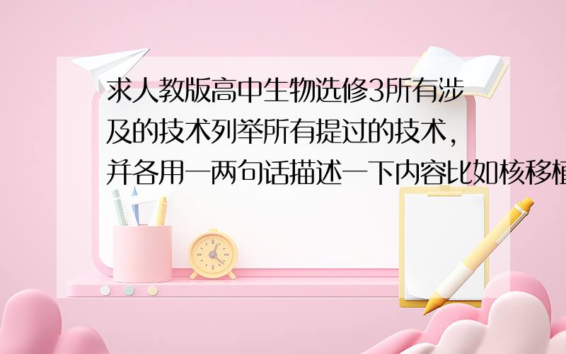 求人教版高中生物选修3所有涉及的技术列举所有提过的技术,并各用一两句话描述一下内容比如核移植技术,植物体细胞杂交技术等等要所有的技术