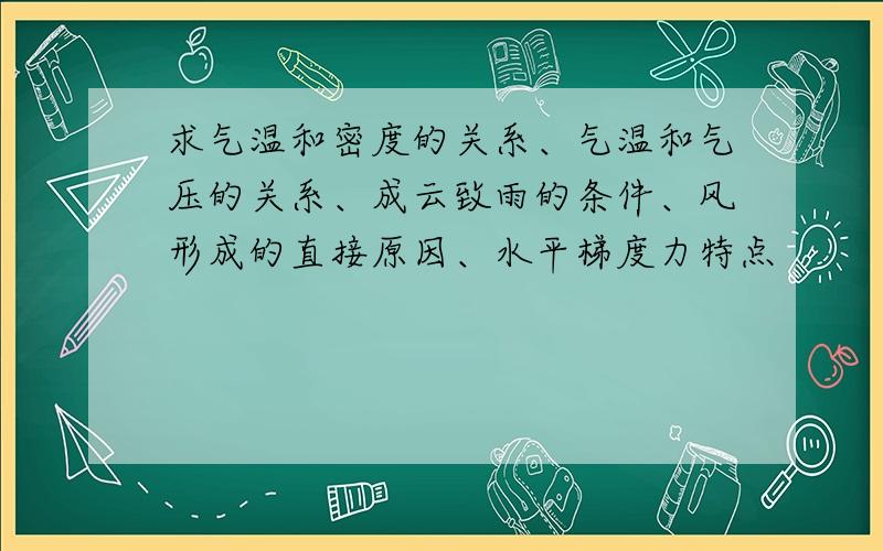 求气温和密度的关系、气温和气压的关系、成云致雨的条件、风形成的直接原因、水平梯度力特点