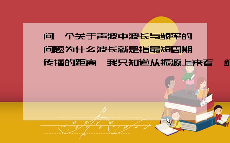 问一个关于声波中波长与频率的问题为什么波长就是指最短周期传播的距离,我只知道从振源上来看,频率就是每秒钟振源振动的次数,那么从振源上来看,波长是什么