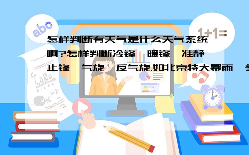 怎样判断有天气是什么天气系统啊?怎样判断冷锋,暖锋,准静止锋,气旋,反气旋.如北京特大暴雨,冬春沙尘暴属于什么,为什么?