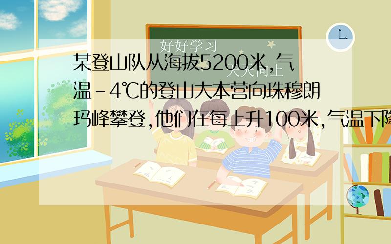 某登山队从海拔5200米,气温-4℃的登山大本营向珠穆朗玛峰攀登,他们在每上升100米,气温下降0.6℃的低温和缺氧的情况下,成功登上海拔8800米的峰顶,则峰顶温度为（            )℃