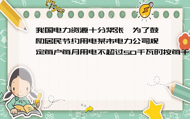 我国电力资源十分紧张,为了鼓励居民节约用电某市电力公司规定每户每月用电不超过50千瓦时按每千瓦时0.65元收费,超过50千瓦时但不超过100千瓦时的部分每千瓦0.75元收费,超过100千瓦的部分