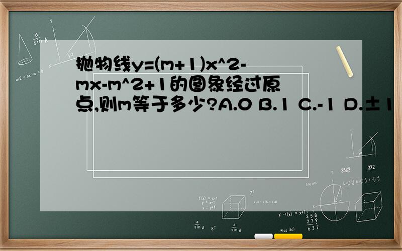 抛物线y=(m+1)x^2-mx-m^2+1的图象经过原点,则m等于多少?A.0 B.1 C.-1 D.±1