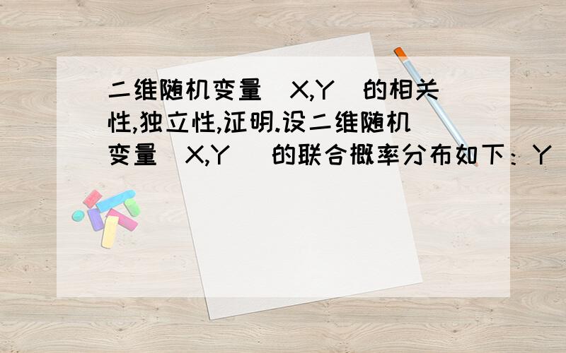 二维随机变量（X,Y）的相关性,独立性,证明.设二维随机变量（X,Y ）的联合概率分布如下：Y\X -1 0 10 0 1\3 01 1\3 0 1\3证明X与Y不相关性,但X与Y不相互独立.