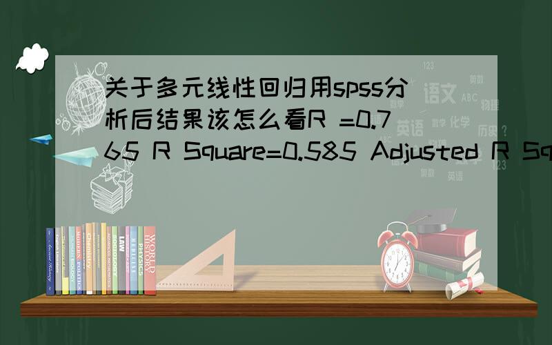 关于多元线性回归用spss分析后结果该怎么看R =0.765 R Square=0.585 Adjusted R Square =0.439 Std.Error of the Estimate=0.0557 这是否表明变量X对Y的解释程度不高呢ANOVA(b) Model Sum of Squares df Mean Square F Sig.1Regressi