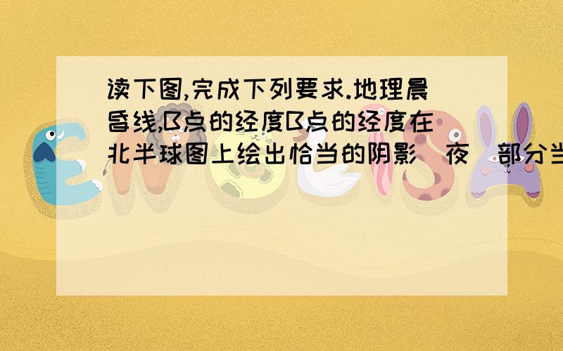 读下图,完成下列要求.地理晨昏线,B点的经度B点的经度在北半球图上绘出恰当的阴影（夜）部分当甲点是22日16点时,乙处是      月      日       时.