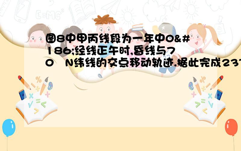 图8中甲丙线段为一年中0º经线正午时,昏线与70ºN纬线的交点移动轨迹.据此完成23~24题.23．乙地经度为   A．30ºE     B．90ºW                 C．90ºE        D．150ºW24．下列说法正确