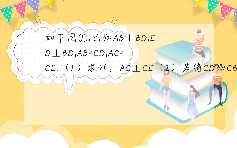 如下图①,已知AB⊥BD,ED⊥BD,AB=CD,AC=CE.（1）求证：AC⊥CE（2）若将CD沿CB方向平移得到图②③④⑤的情形,其余条件不变,结论AC1⊥C2E还成立吗?请说明理由.