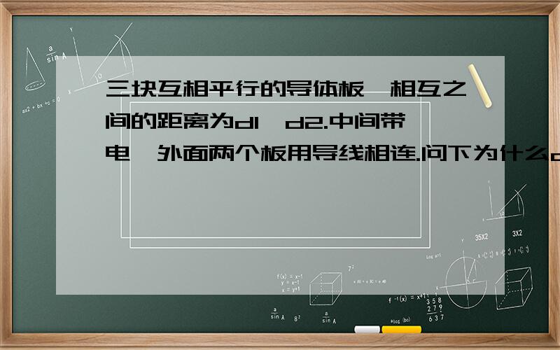 三块互相平行的导体板,相互之间的距离为d1,d2.中间带电,外面两个板用导线相连.问下为什么d1.d2 之间电势差是相等的,