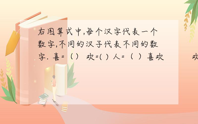 右图算式中,每个汉字代表一个数字,不同的汉子代表不同的数字. 喜=（） 欢=( ) 人=（ ）喜欢          欢喜    ＋   喜欢——————       人人喜喜欢+欢喜+喜欢=人人喜