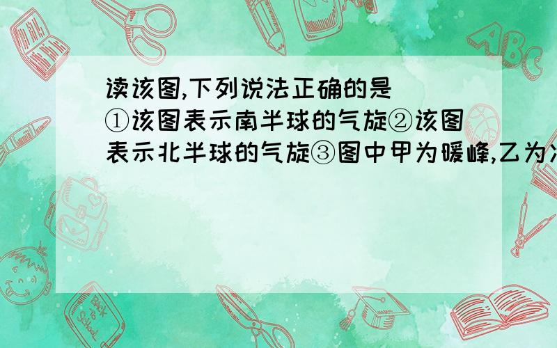 读该图,下列说法正确的是（）①该图表示南半球的气旋②该图表示北半球的气旋③图中甲为暖峰,乙为冷锋④图中甲为冷锋,乙为暖锋   求解释