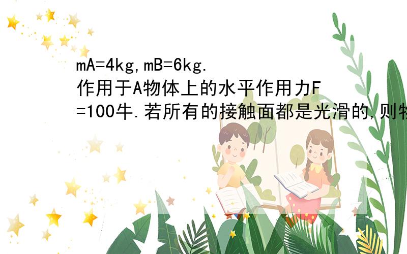 mA=4kg,mB=6kg.作用于A物体上的水平作用力F=100牛.若所有的接触面都是光滑的,则物体A运动加速度a等于?如物体A、B之间的摩擦系数和B与桌面之间的摩擦系数均为0.5,则物体A运动加速度?A是压在物