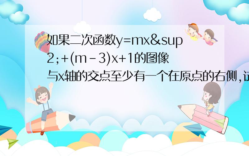 如果二次函数y=mx²+(m-3)x+1的图像与x轴的交点至少有一个在原点的右侧,试求m的取值范围.help啊!