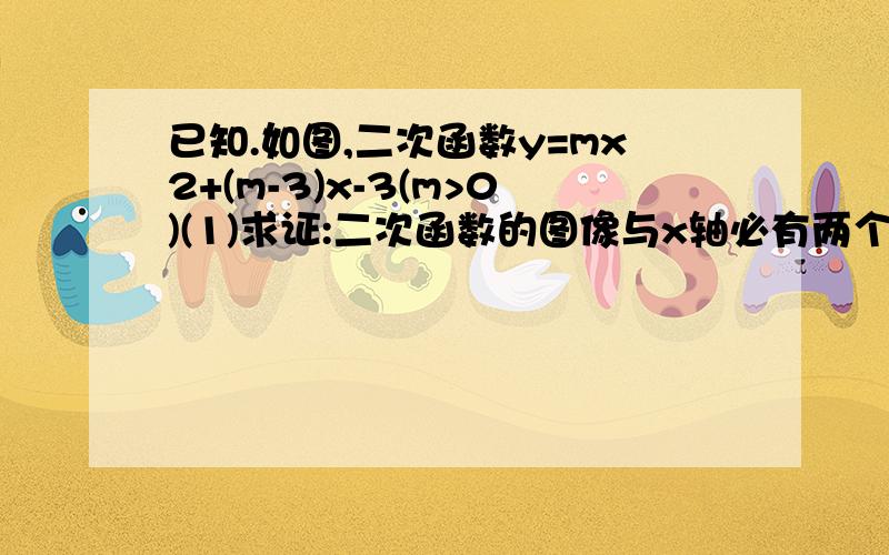 已知.如图,二次函数y=mx2+(m-3)x-3(m>0)(1)求证:二次函数的图像与x轴必有两个不同的交点.(2)这条抛物线与x轴交于两点A（x1，0）和B（x2，0）（x1＜x2），与y轴交于点C，且x1的平方加x2的平方等于10