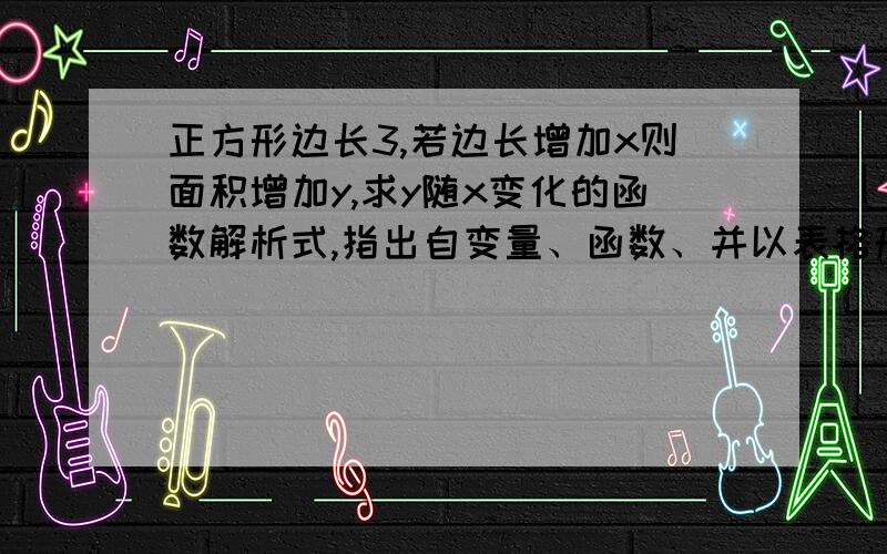 正方形边长3,若边长增加x则面积增加y,求y随x变化的函数解析式,指出自变量、函数、并以表格形式表示当x