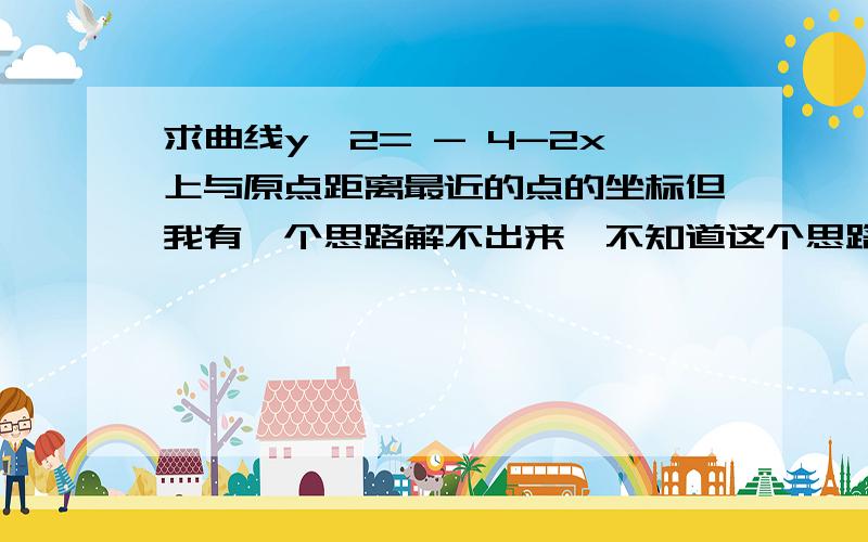 求曲线y^2= - 4-2x上与原点距离最近的点的坐标但我有一个思路解不出来,不知道这个思路错在哪里!设 圆心在原点的圆：x^2+y^2=r^2易知 当圆与曲线相切时的点,即为所求的点联立两方程,令判别式