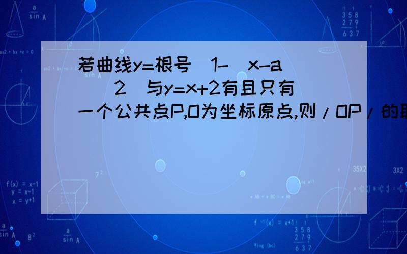 若曲线y=根号[1-(x-a)^2]与y=x+2有且只有一个公共点P,O为坐标原点,则/OP/的取值范围