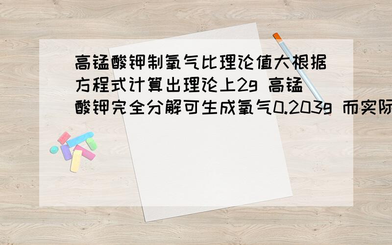 高锰酸钾制氧气比理论值大根据方程式计算出理论上2g 高锰酸钾完全分解可生成氧气0.203g 而实际测出的体积为177ml 换算成质量为 0.253.超过理论值0.253-0.203g=0.05g.超过理论值的氧气来源与什么