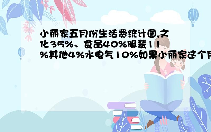 小丽家五月份生活费统计图,文化35%、食品40%服装11%其他4%水电气10%如果小丽家这个月的总支出是1000元,你能分别计算途中各项支出的钱吗?