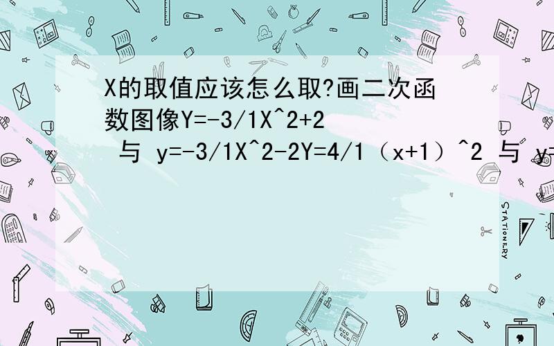 X的取值应该怎么取?画二次函数图像Y=-3/1X^2+2 与 y=-3/1X^2-2Y=4/1（x+1）^2 与 y=4/1（x-1）^2Y=3/1（x+1）^2+3 与 y=-3/1（x+1）^2+3