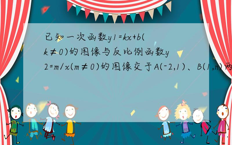 已知一次函数y1=kx+b(k≠0)的图像与反比例函数y2=m/x(m≠0)的图像交于A(-2,1)、B(1,n)两点.（1）求反比例函数和一次函数的解析式,求出点B的坐标.（2）在同一坐标系中画出两个函数的图像的示意图