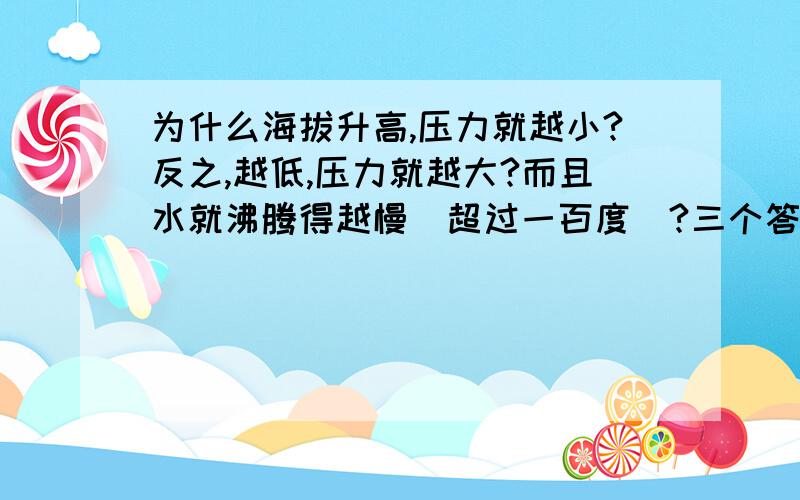 为什么海拔升高,压力就越小?反之,越低,压力就越大?而且水就沸腾得越慢（超过一百度）?三个答案一定要都正确,追加十倍分（50分）