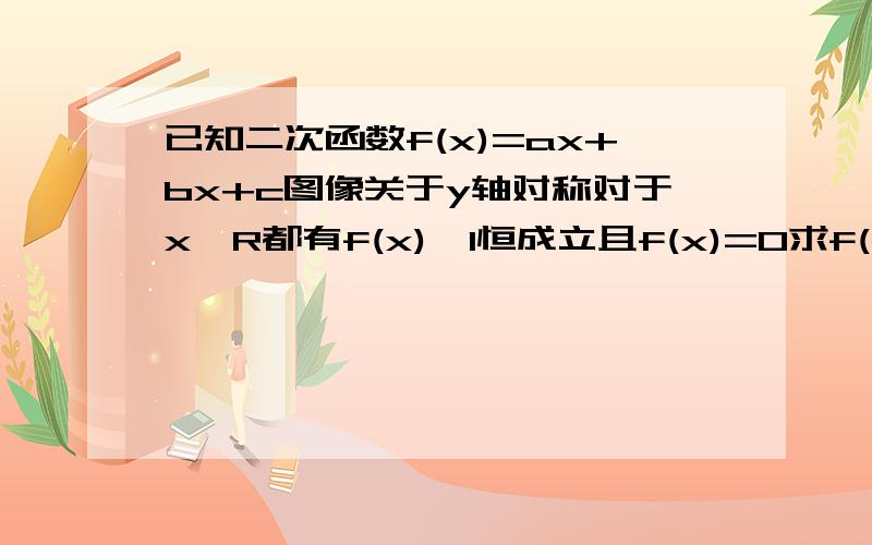 已知二次函数f(x)=ax+bx+c图像关于y轴对称对于x∈R都有f(x)≤1恒成立且f(x)=0求f(x)解析式