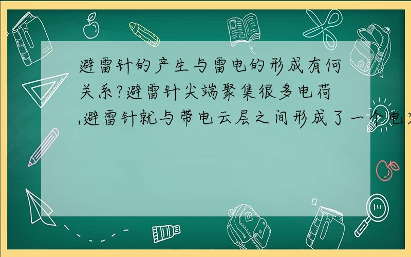 避雷针的产生与雷电的形成有何关系?避雷针尖端聚集很多电荷,避雷针就与带电云层之间形成了一个电容器． （在雷雨天气,我们有时会—看到一些些参天大树被雷电击倒,而周围的一些高塔