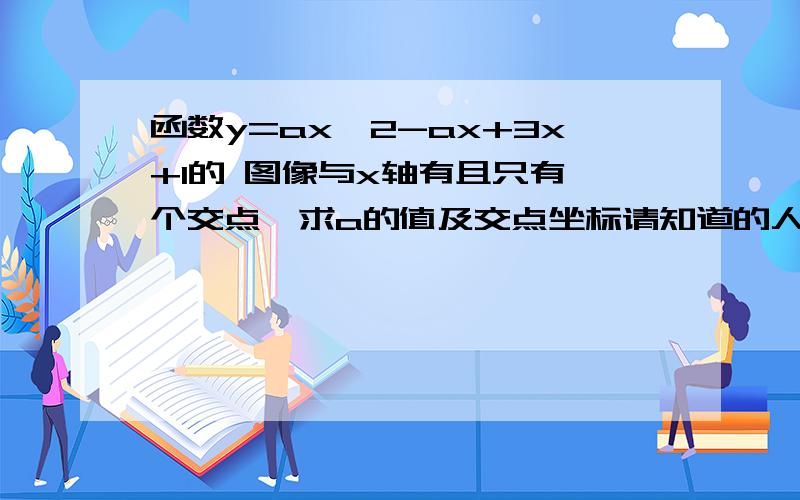 函数y=ax^2-ax+3x+1的 图像与x轴有且只有一个交点,求a的值及交点坐标请知道的人帮帮忙,