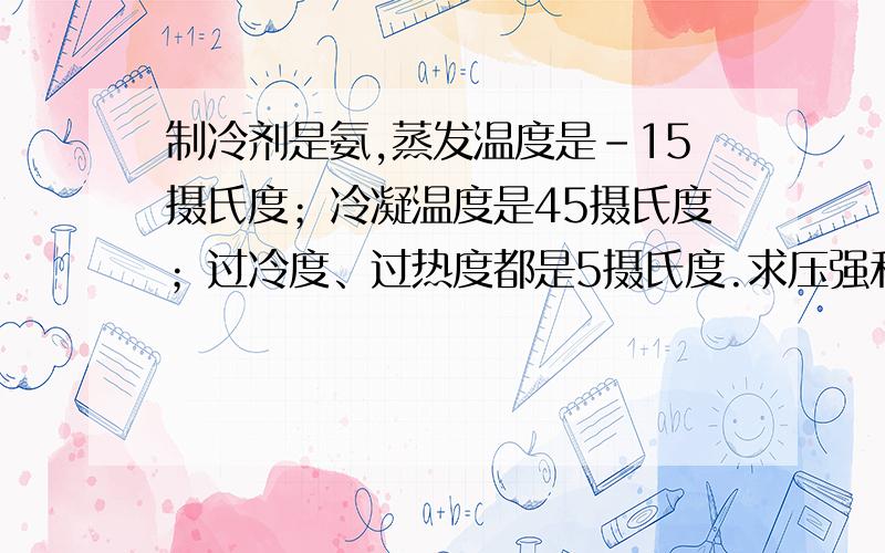 制冷剂是氨,蒸发温度是-15摄氏度；冷凝温度是45摄氏度；过冷度、过热度都是5摄氏度.求压强和焓压强是要蒸发压强和冷凝压强；焓值要蒸发压强时的过热温度的焓值、冷凝压强时的过热温