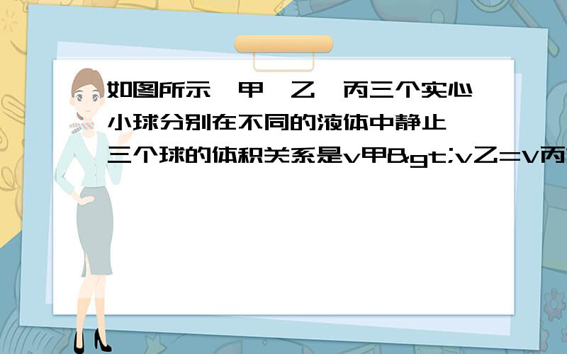 如图所示,甲、乙、丙三个实心小球分别在不同的液体中静止,三个球的体积关系是v甲>v乙=V丙如图所示,甲、乙、丙三个实心小球分别在不同的液体中静止,三个球的体积关系是v甲>v乙=V丙,三