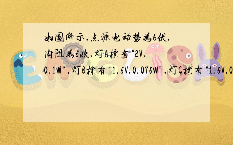 如图所示,点源电动势为6伏,内阻为5欧,灯A标有“2V,0.1W”,灯B标有“1.5V,0.075W”,灯C标有“1.5V,0.15W”为使三灯都能正常发光,变阻器的阻值为多大?滑动触头P应放在什么位置?