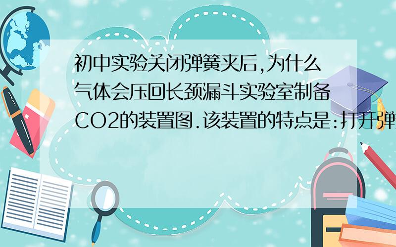 初中实验关闭弹簧夹后,为什么气体会压回长颈漏斗实验室制备CO2的装置图.该装置的特点是:打开弹簧夹,大理石和盐酸接触,发生反应;关闭弹簧夹,盐酸被反应产生的CO2气体压回长颈漏斗,为什