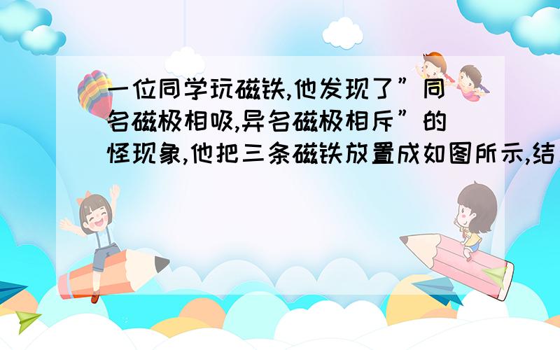 一位同学玩磁铁,他发现了”同名磁极相吸,异名磁极相斥”的怪现象,他把三条磁铁放置成如图所示,结果发现磁铁甲、乙对丙不但不排斥,发而是吸引的：若把丙的两极调换位置,则丙有受甲、