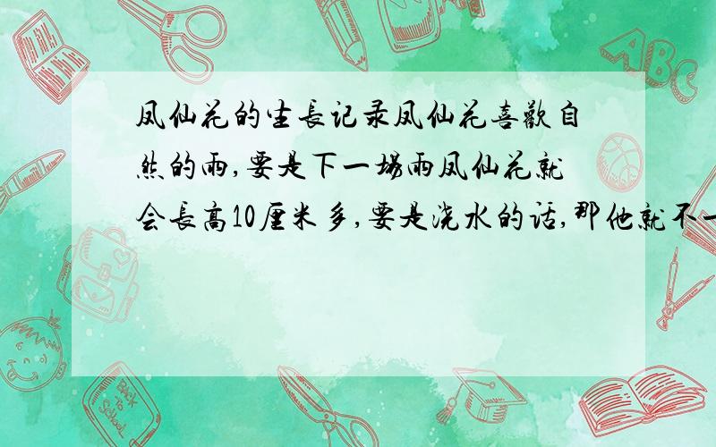 凤仙花的生长记录凤仙花喜欢自然的雨,要是下一场雨凤仙花就会长高10厘米多,要是浇水的话,那他就不一定长得这么快了,我家的凤仙花就是这样的呢!