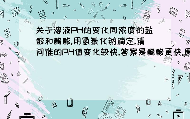 关于溶液PH的变化同浓度的盐酸和醋酸,用氢氧化钠滴定,请问谁的PH值变化较快.答案是醋酸更快,原因是同离子效应使醋酸电离减弱.可是,有同离子效应的同时,氢离子也被大量消耗,可以促进醋