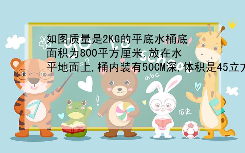 如图质量是2KG的平底水桶底面积为800平方厘米,放在水平地面上,桶内装有50CM深,体积是45立方分米的水.小平同学用竖直向上的力F提水桶,但没有提起来,这时桶底的压强和桶对地面的压强相等.